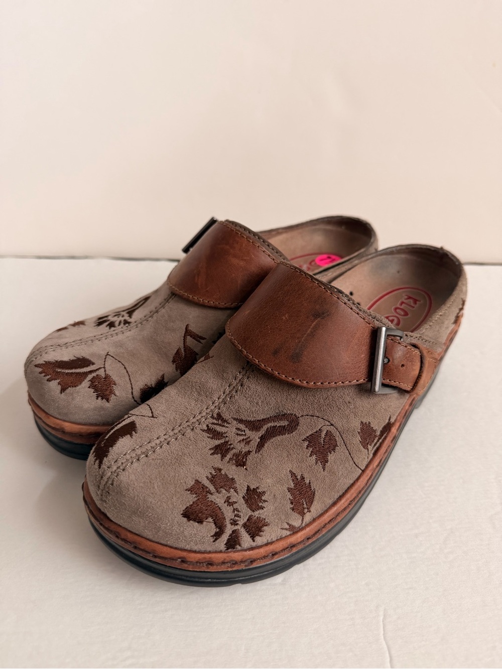 Fall Boho Floral Suede Clogs Klogs Women’s 7.5 Brown Leather